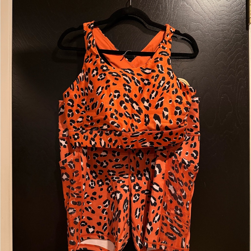 Fabletics Orange and Black Leopard Activewear Biker Short Set & Sports Bra